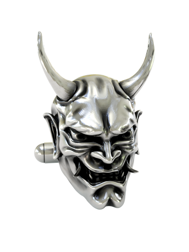 Front and side profile views of the Japanese Hannya mask sterling silver cufflinks, highlighting the three-dimensional sculpting and polished finish.