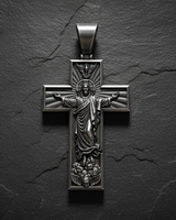 Front angle view of Ascension Cross Pendant sterling silver pendant showing Holy Spirit dove and radiating glory design