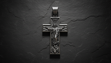 Front angle view of Ascension Cross Pendant sterling silver pendant showing Holy Spirit dove and radiating glory design