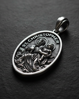 Front centered view of Saint Christopher Medal Pendant 925 silver pendant featuring patron saint of travelers with Christ child