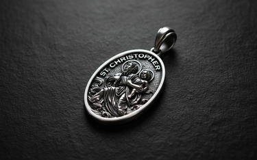 Front centered view of Saint Christopher Medal Pendant 925 silver pendant featuring patron saint of travelers with Christ child
