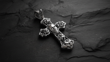 Front view of Chicano Rose Crucifix sterling silver pendant featuring tattoo-style roses at cross terminals with Gothic Jesus figure