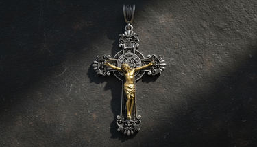 Front view of Saint Benedict Crucifix Pendant two-tone sterling silver cross featuring detailed Jesus corpus and IHS benedict medal