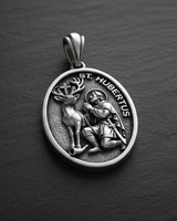 Front view of Saint Hubert Medal Pendant sterling silver pendant displaying patron saint of hunters with sacred deer vision