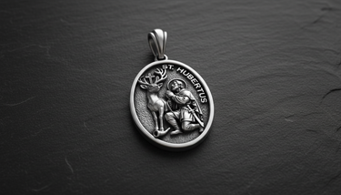 Front view of Saint Hubert Medal Pendant sterling silver pendant displaying patron saint of hunters with sacred deer vision