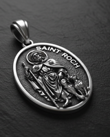 Front view of Saint Roch Medal Pendant sterling silver pendant displaying intricate Catholic saint iconography with textured background