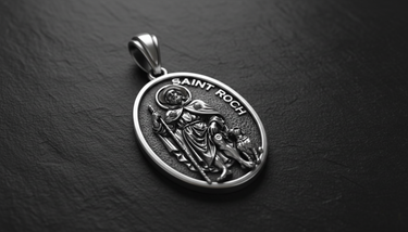 Front view of Saint Roch Medal Pendant sterling silver pendant displaying intricate Catholic saint iconography with textured background