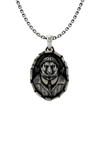 Gentleman Bear Pendant in 925 sterling silver, front view showcasing the bear dressed in a hat and shirt.