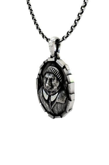 Gentleman Bear Pendant in 925 sterling silver worn as a charming and unique piece of whimsical jewelry.