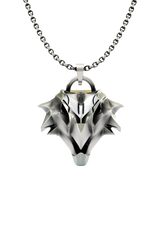 Griffin School Pendant inspired by The Witcher, front view of the sharp, geometric griffin head in sterling silver.
