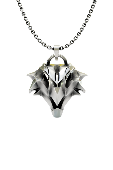 Griffin School Pendant inspired by The Witcher, front view of the sharp, geometric griffin head in sterling silver.
