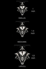 Griffin School Pendant shown on a model to demonstrate its size and how it wears as a Witcher medallion.