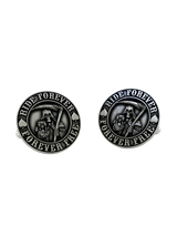 Grim Reaper Biker Cufflinks in 925 sterling silver - front view showcasing the detailed Reaper, scythe, and "Ride Forever" motto.