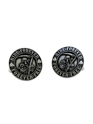 Grim Reaper Biker Cufflinks in 925 sterling silver - front view showcasing the detailed Reaper, scythe, and "Ride Forever" motto.