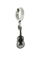 Guitar Charm Earring in 925 sterling silver - front view showcasing the detailed acoustic guitar charm and polished huggie hoop.