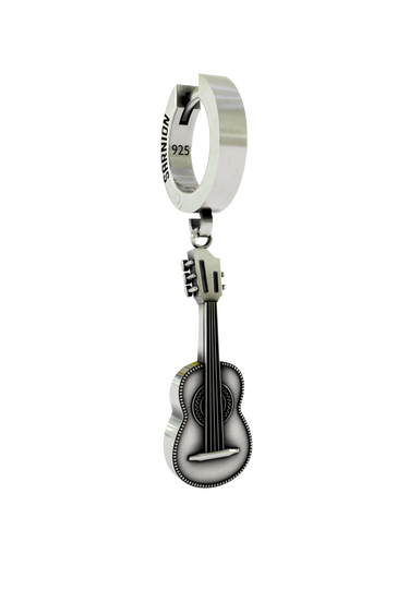 Guitar Charm Earring in 925 sterling silver - front view showcasing the detailed acoustic guitar charm and polished huggie hoop.