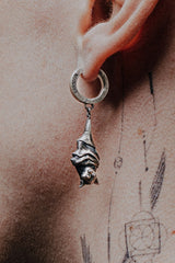 Hanging Bat Earring in 925 sterling silver - front view showcasing the detailed face and polished, wrapped wings