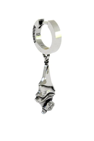 Hanging Bat Earring in 925 sterling silver worn as a unique piece of gothic and animal-inspired jewelry