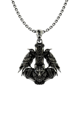Huginn and Muninn Pendant featuring Odin's ravens and a wolf on Thor's Hammer (Mjolnir) in sterling silver.
