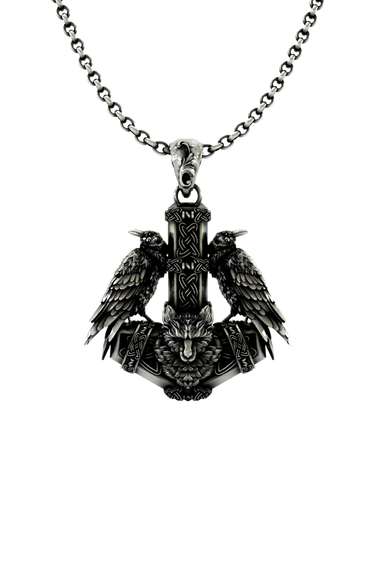 Huginn and Muninn Pendant featuring Odin's ravens and a wolf on Thor's Hammer (Mjolnir) in sterling silver.