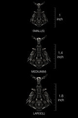 Huginn and Muninn Pendant shown on a model to demonstrate its size and powerful presence as a statement necklace.