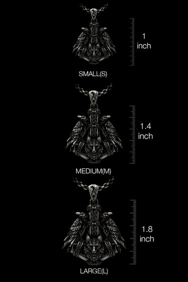 Huginn and Muninn Pendant shown on a model to demonstrate its size and powerful presence as a statement necklace.