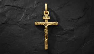 INRI Crucifix Pendant sterling silver cross with reflection showing polished and oxidized finish contrast