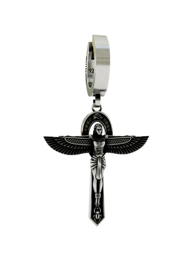 Isis Goddess Earring in 925 sterling silver - front view showcasing the full Ankh and winged goddess design