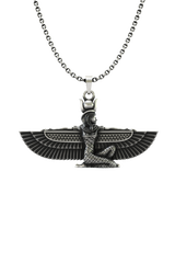 Isis Wings Pendant in 925 sterling silver, front view showcasing the kneeling Egyptian goddess with outstretched wings.