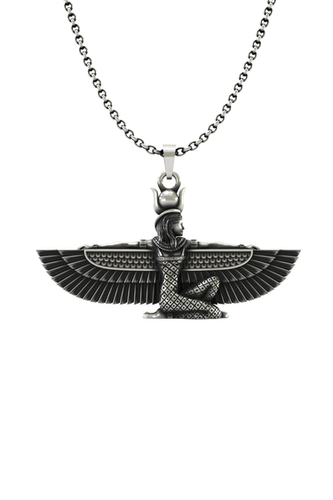 Isis Wings Pendant in 925 sterling silver, front view showcasing the kneeling Egyptian goddess with outstretched wings.