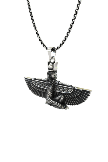 Isis Wings Pendant in 925 sterling silver worn as a symbol of divine protection and feminine strength.