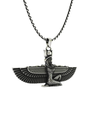 Isis Wings Pendant shown on a model to demonstrate its size and how it wears as a powerful statement necklace.