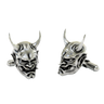 Japanese Oni Demon 925 sterling silver cufflinks - angled pair view showcasing the menacing horns and intricate fanged grin design.