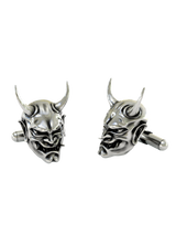Japanese Oni Demon 925 sterling silver cufflinks - angled pair view showcasing the menacing horns and intricate fanged grin design.