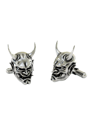 Japanese Oni Demon 925 sterling silver cufflinks - angled pair view showcasing the menacing horns and intricate fanged grin design.