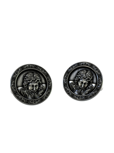 Jesus Christ Cufflinks in 925 sterling silver - a direct front view showcasing the portrait with the Crown of Thorns and ornate frame.
