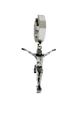 Jesus Cross Earring in 925 sterling silver - front view showcasing the detailed crucifix charm on a modern huggie hoop.