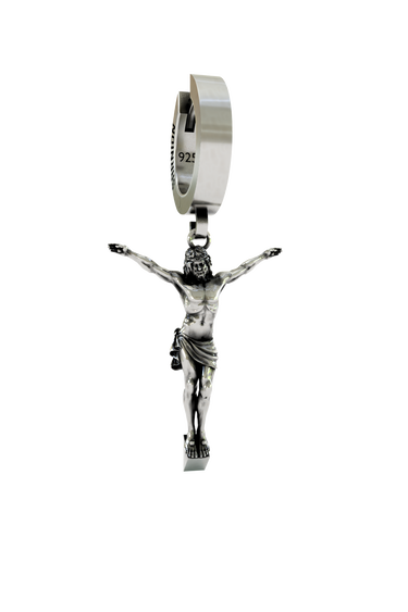 Jesus Cross Earring in 925 sterling silver - front view showcasing the detailed crucifix charm on a modern huggie hoop.