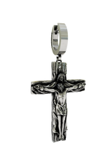Jesus Cross Earring in 925 sterling silver - front view showcasing the detailed crucifix figure and wood texture