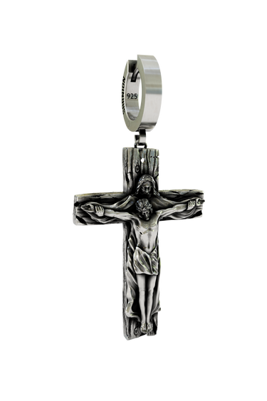 Jesus Cross Earring in 925 sterling silver - front view showcasing the detailed crucifix figure and wood texture