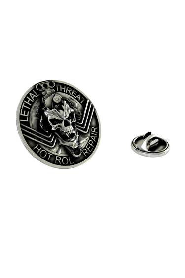 Lethal Threat Hot Rod Pin in 925 sterling silver, front view of the V8 engine skull design.