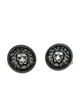 Lion Cufflinks in 925 sterling silver - a direct front view showcasing the detailed lion head and Greek Key border.