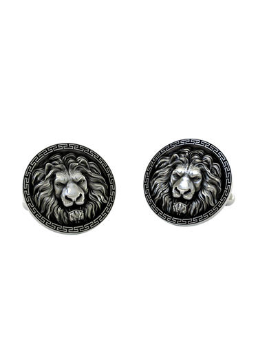 Lion Cufflinks in 925 sterling silver - a direct front view showcasing the detailed lion head and Greek Key border.