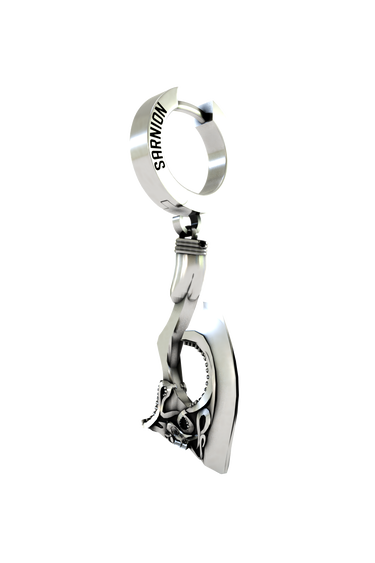 Macro close-up shot of the Gothic Reaper Earring, focusing on the intricate details of the Reaper's skeletal features and robe.