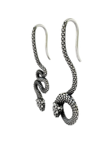 Macro close-up shot of the Serpent Drop Earrings, focusing on the intricate, lifelike scale pattern on the sterling silver.