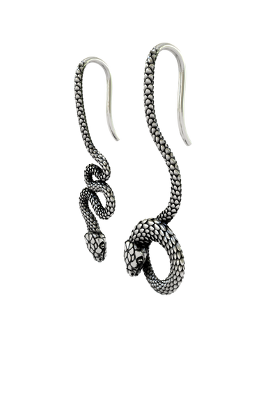 Macro close-up shot of the Serpent Drop Earrings, focusing on the intricate, lifelike scale pattern on the sterling silver.