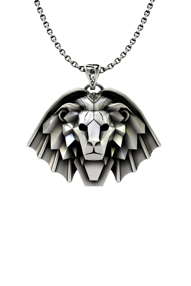 Manticore School Pendant inspired by The Witcher, front view of the sharp, geometric manticore head in sterling silver.