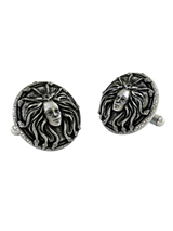 Medusa Head 925 sterling silver cufflinks - angled view showing the pair's intricate snake hair details and Greek key border.