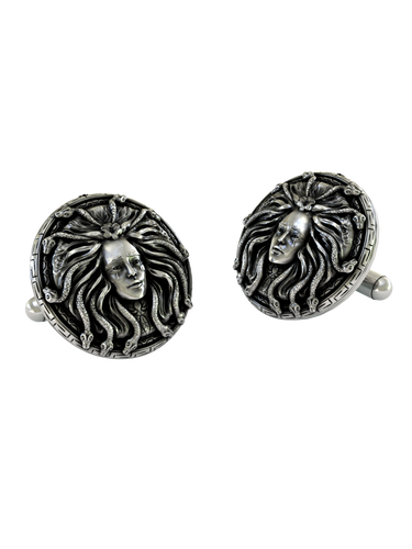 Medusa Head 925 sterling silver cufflinks - angled view showing the pair's intricate snake hair details and Greek key border.