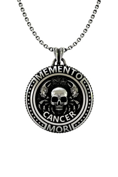 Memento Mori Cancer Pendant in 925 sterling silver, front view showing the Cancer crab and skull design.